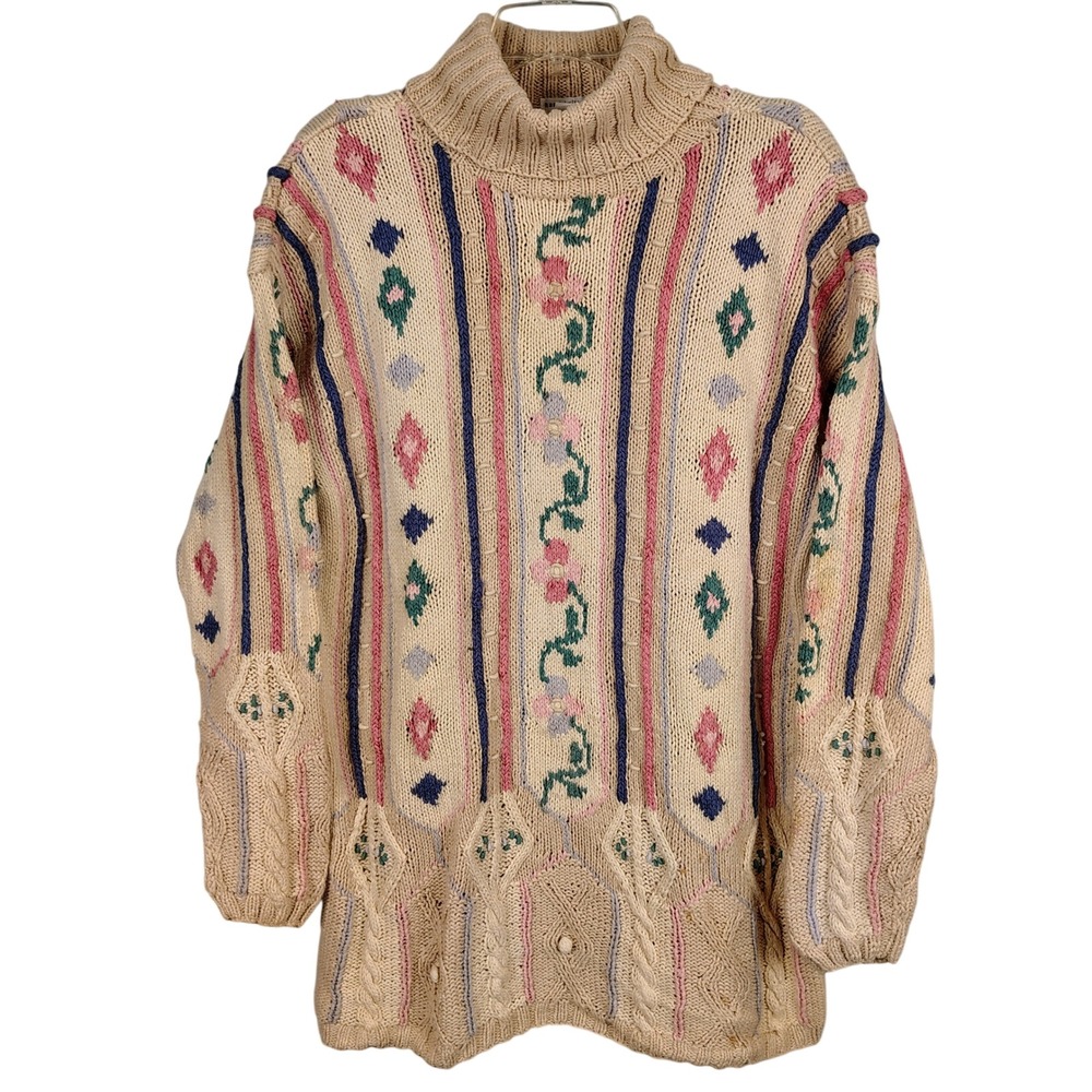 Van Heusen Womens L Hand Knitted Turtleneck Sweater Multicolor Ramie Cottagecore